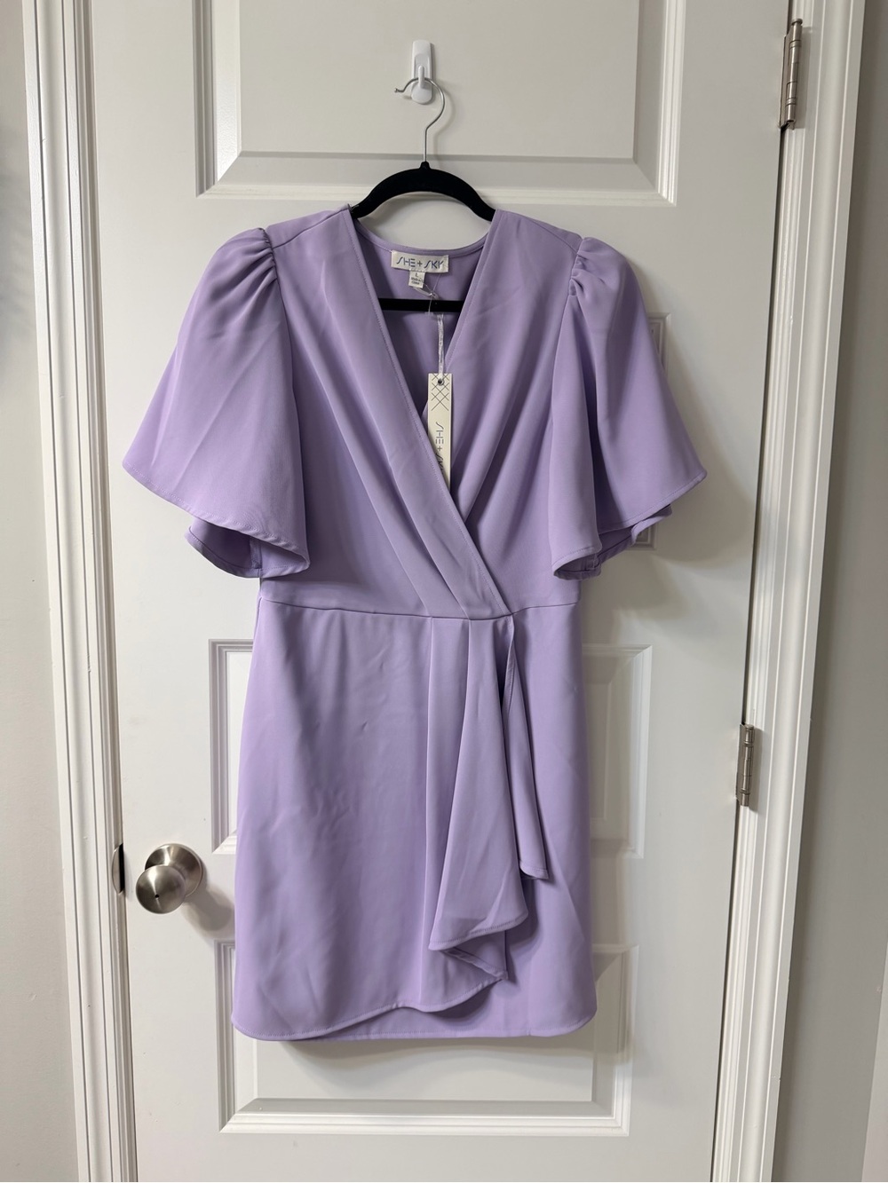 She + Sky Lavender Faux-Wrap Flutter Sleeve Dress